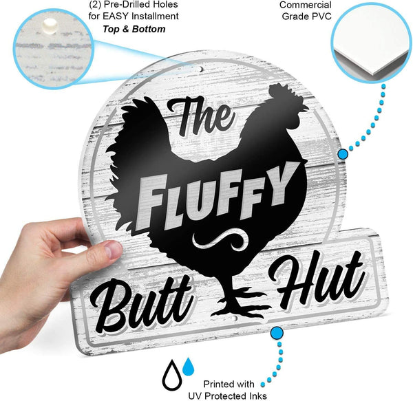 the Fluffy Butt Hut Signage - Quirky Chicken Coop Decor - 12"X11'' PVC Sign - Ideal Gifts for Chicken Lovers - Humorous Nesting Box & Feeder Accent - Fun and Functional Coop Accessories