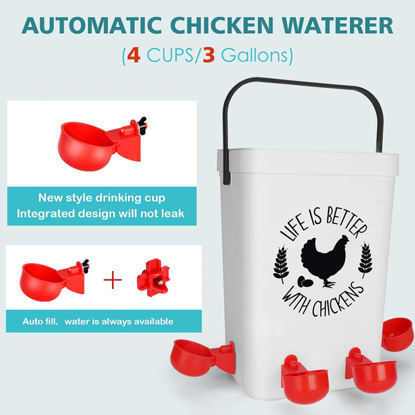 Chicken Feeder and Chicken Waterer Set (3 Gallon/26 Pounds) - Hanging Automatic Chicken Feeder No Waste - Chicken Coop Accessories - Poultry Waterer With