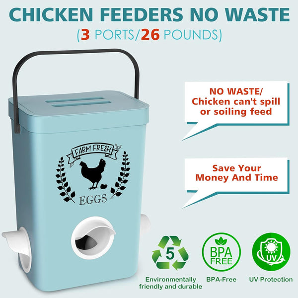 Chicken Feeder and Chicken Waterer Set (3 Gallon/26 Pounds) - Hanging Automatic Chicken Feeder No Waste - Chicken Coop Accessories - Poultry Waterer With