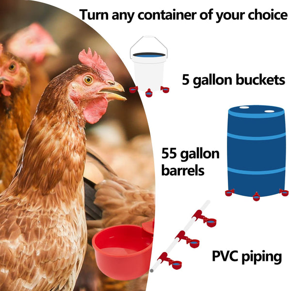 Chicken Waterer Cups 12 Pack Automatic Chicken Water Cups for Poultry  Float Style Gravity Chicken Watering System, Water Feeder Kit, 5 Gallon with Mounting Hole Opener