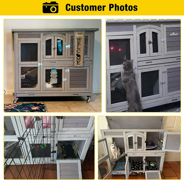 47" Two Story Rabbit Hutch Bunny Cage with Wheels, Indoor Outdoor Guinea Pig Cage with 2 Deep No Leak Tray