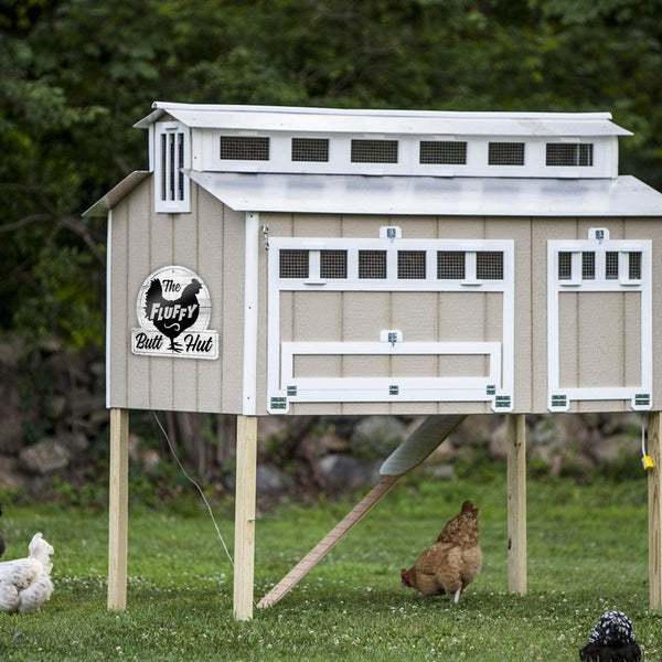 the Fluffy Butt Hut Signage - Quirky Chicken Coop Decor - 12"X11'' PVC Sign - Ideal Gifts for Chicken Lovers - Humorous Nesting Box & Feeder Accent - Fun and Functional Coop Accessories