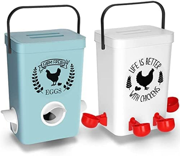 Chicken Feeder and Chicken Waterer Set (3 Gallon/26 Pounds) - Hanging Automatic Chicken Feeder No Waste - Chicken Coop Accessories - Poultry Waterer With