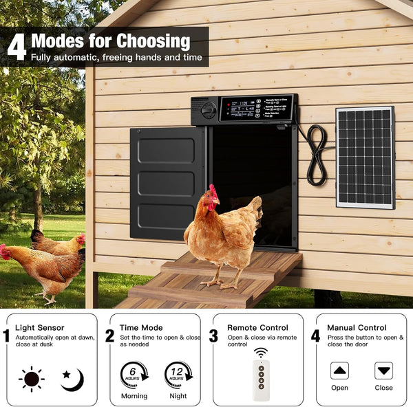 Automatic Chicken Coop Door, Large Size Solar Powered Coop Door with Opening in Emergency, Anti-Pinch, Timer & Light Sensor, Aluminum Waterproof Auto Chicken Door, with 7W Solar Panel