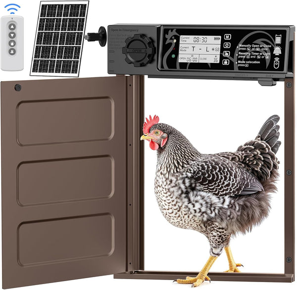 Large Size Automatic Chicken Coop Door Solar - Powered Auto Chicken Door Opener, Automatic Chicken Door with Timer/Light Sensor Modes, Intelligent Obstacle Sensors, Remote Control, 14.76"H X 11.02"L