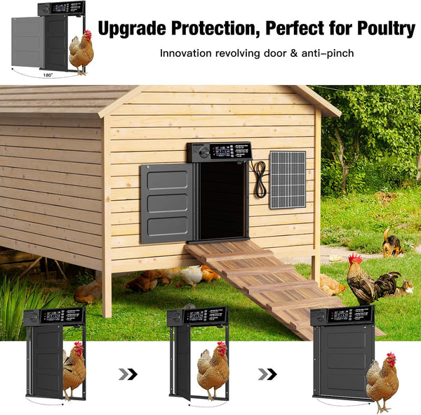 Automatic Chicken Coop Door, Large Size Solar Powered Coop Door with Opening in Emergency, Anti-Pinch, Timer & Light Sensor, Aluminum Waterproof Auto Chicken Door, with 7W Solar Panel