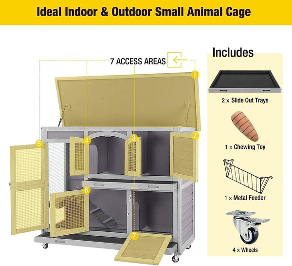 47" Two Story Rabbit Hutch Bunny Cage with Wheels, Indoor Outdoor Guinea Pig Cage with 2 Deep No Leak Tray